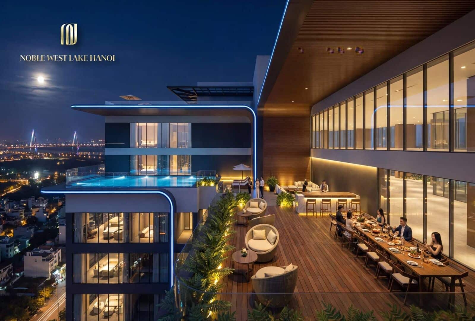 Phối cảnh Sky Bar và Rooftop Lounge nhìn ra thành phố