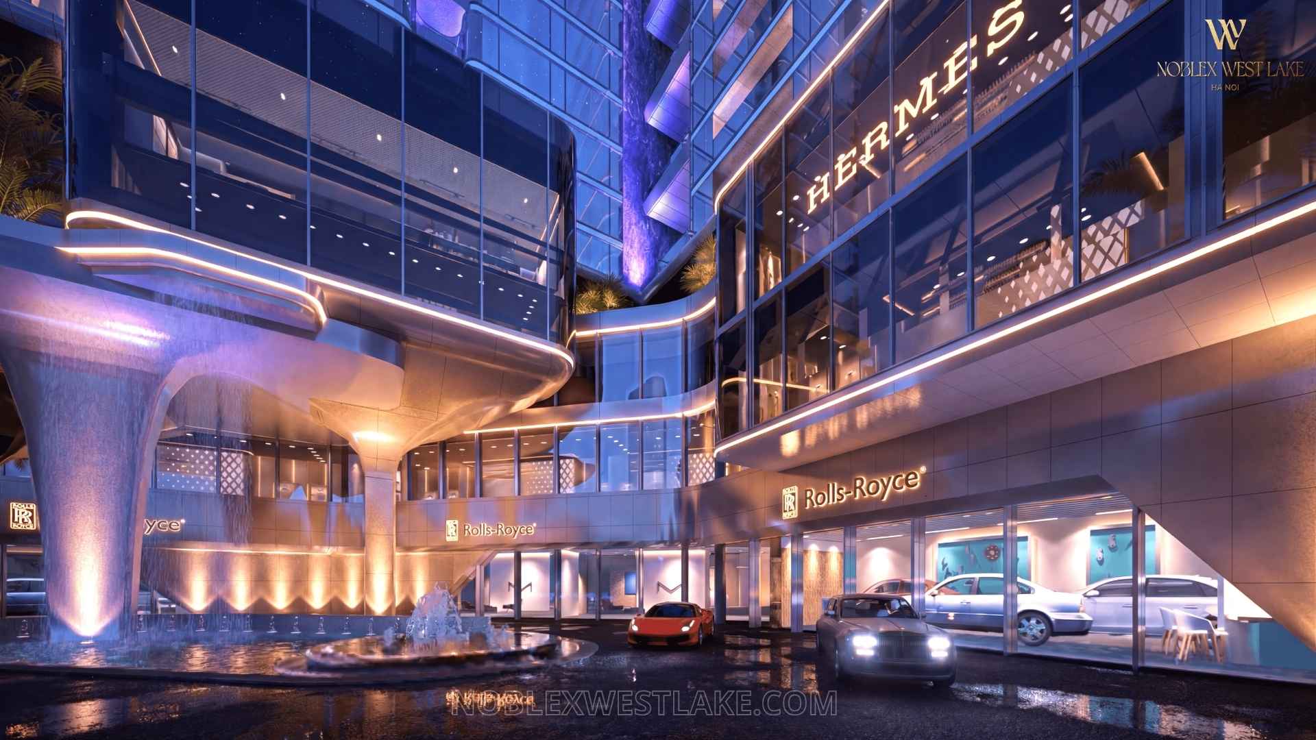 Phối cảnh khối đế thương mại với khu Flagship Store của NobleX West Lake