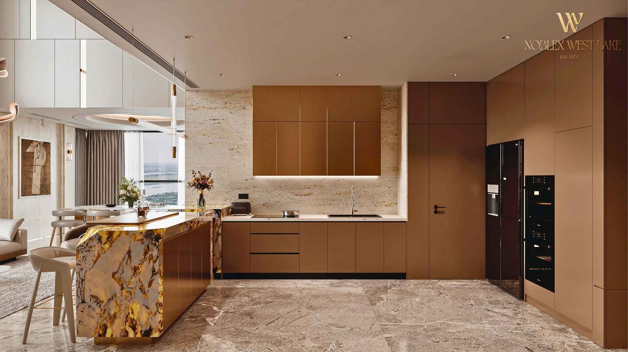 Phòng bếp mở với tủ bếp bespoke, bếp từ và lò nướng âm tủ Miele, Bosch
