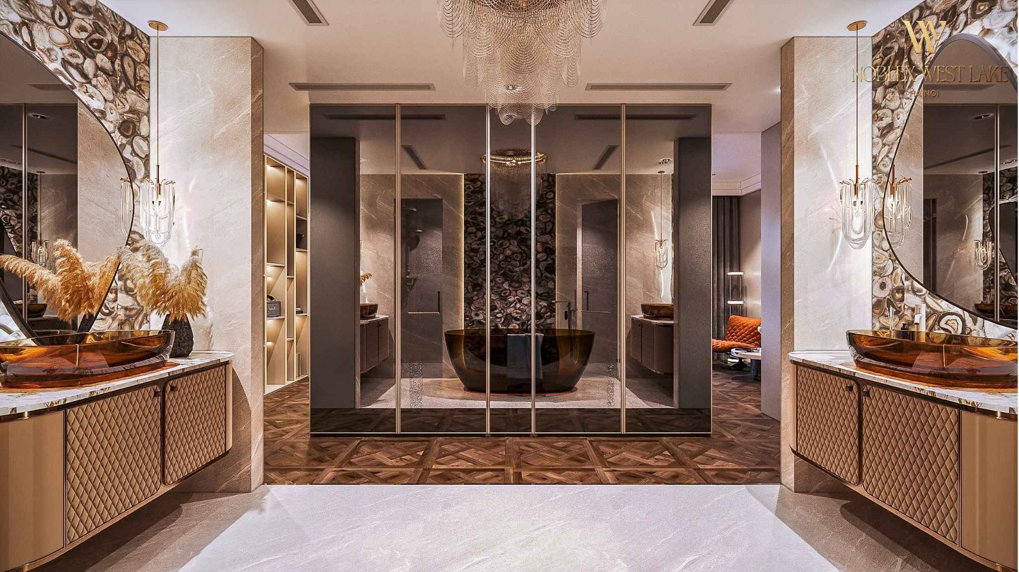 Phòng tắm Master phong cách resort với bồn tắm đặt tự do và sen tắm âm trần