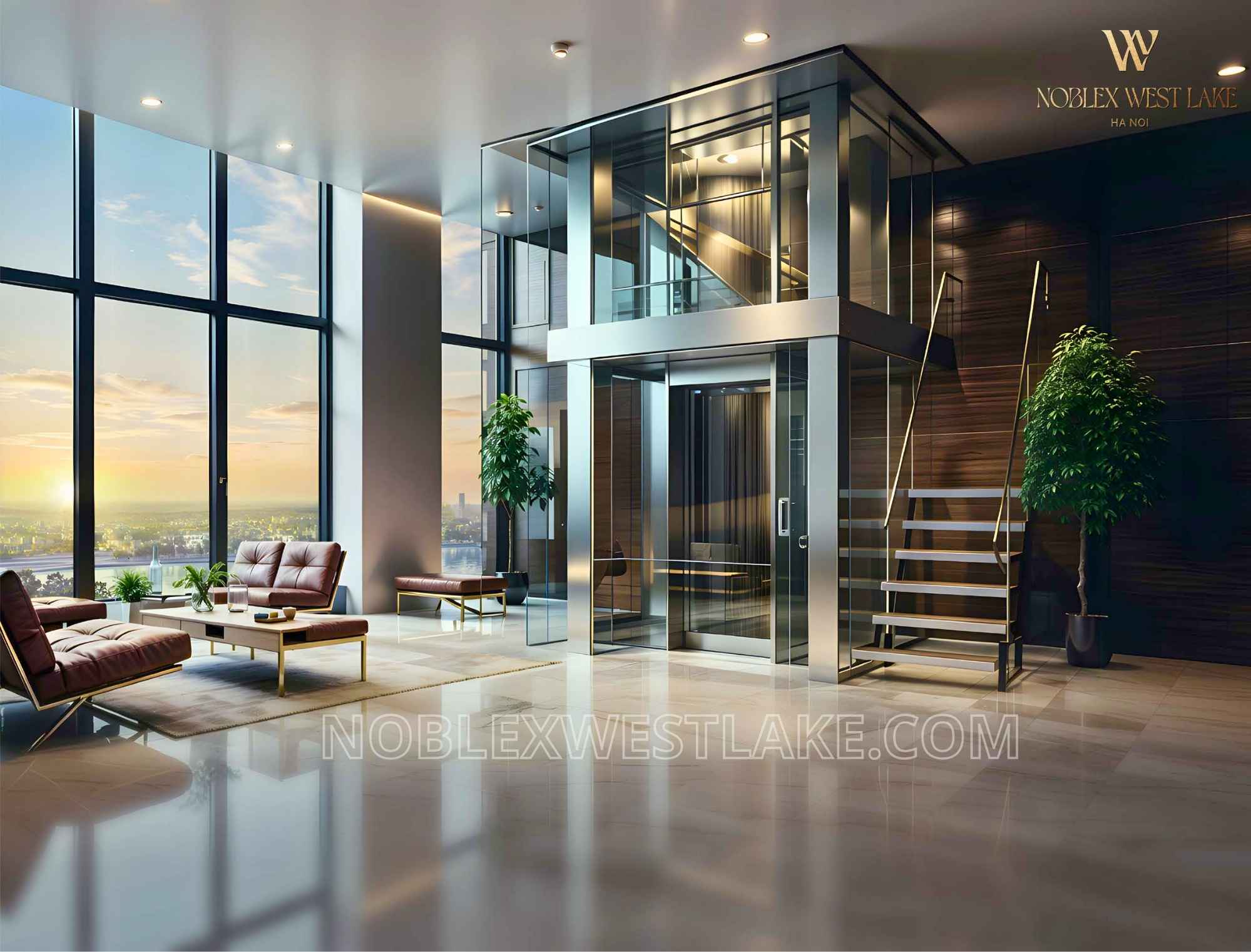 Phòng khách căn duplex có thang máy kính riêng trong nhà, vách kính kịch trần